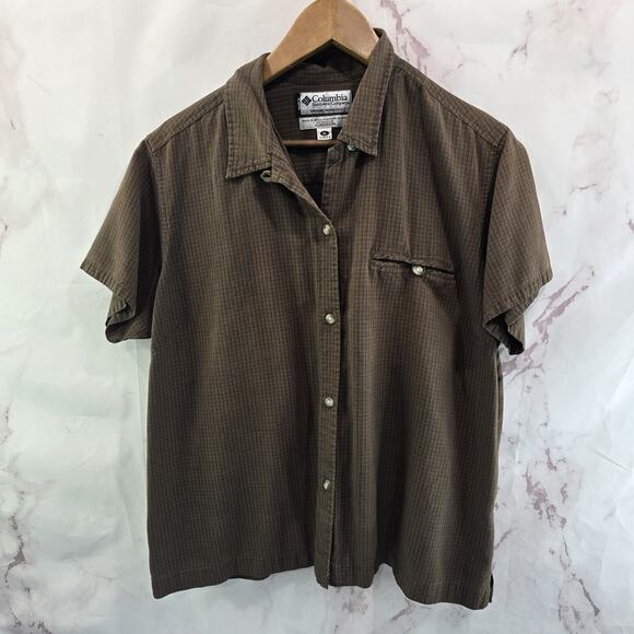 Columbia Shirt Womens XL Brown GRT Button Up Short Sleeve Loop Collar Vintage - Picture 1 of 12